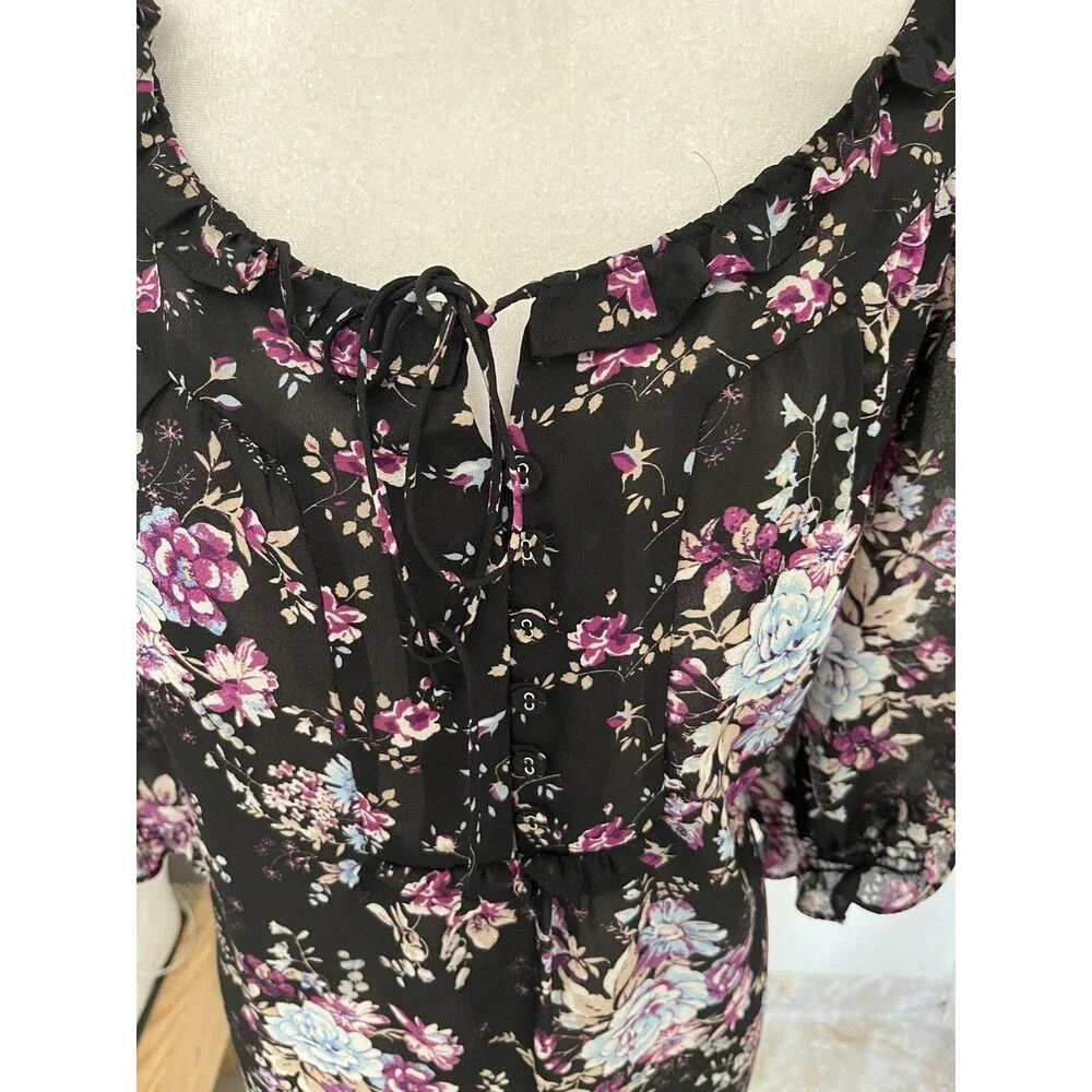 Woman Within Blouse 1X Floral Peasant Top Ruffle Neck Chiffon Boho Tunic sheer